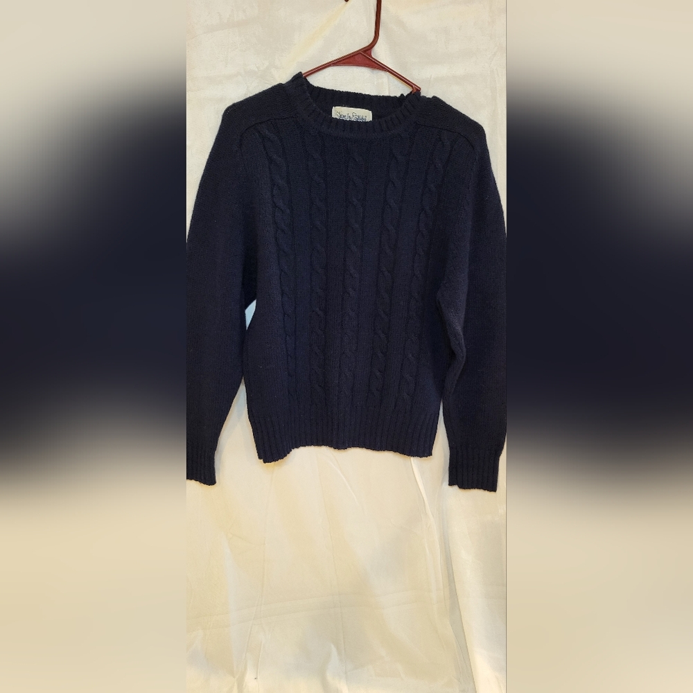 Wool Navy Cable-Knit Crewneck Sweater